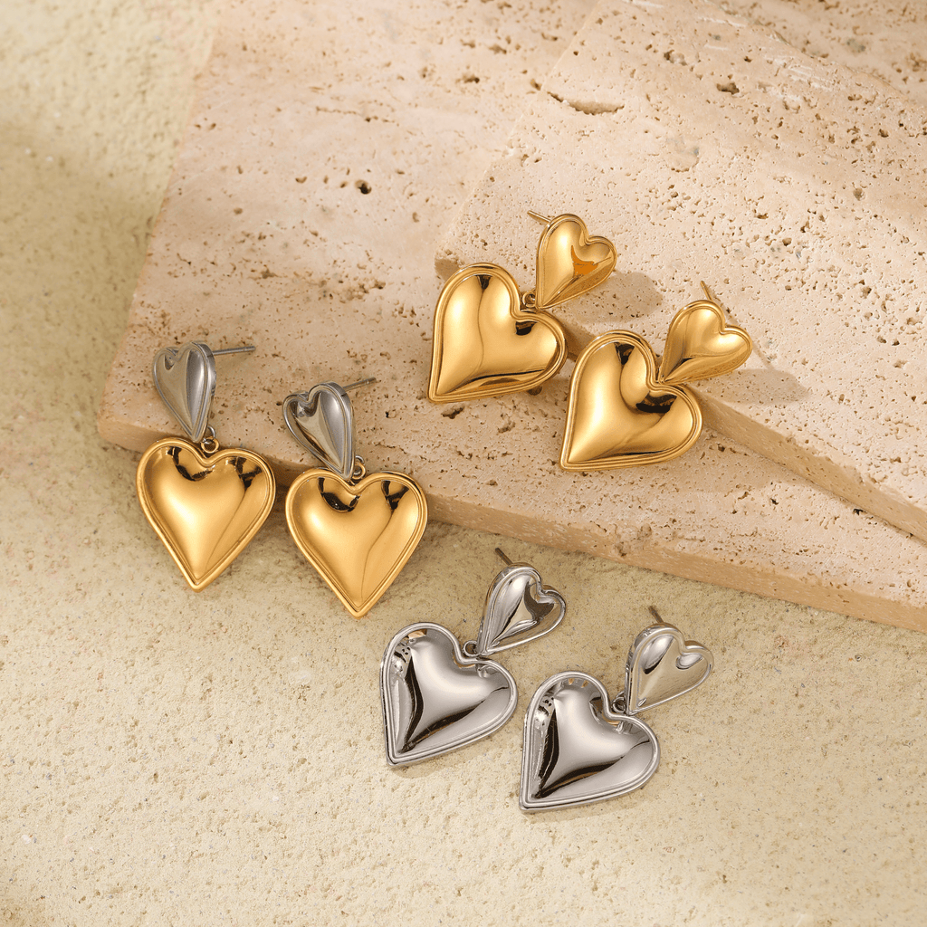 Duo Heart Elegance Drop Earrings - Ornaments Co - 18K Gold Plated