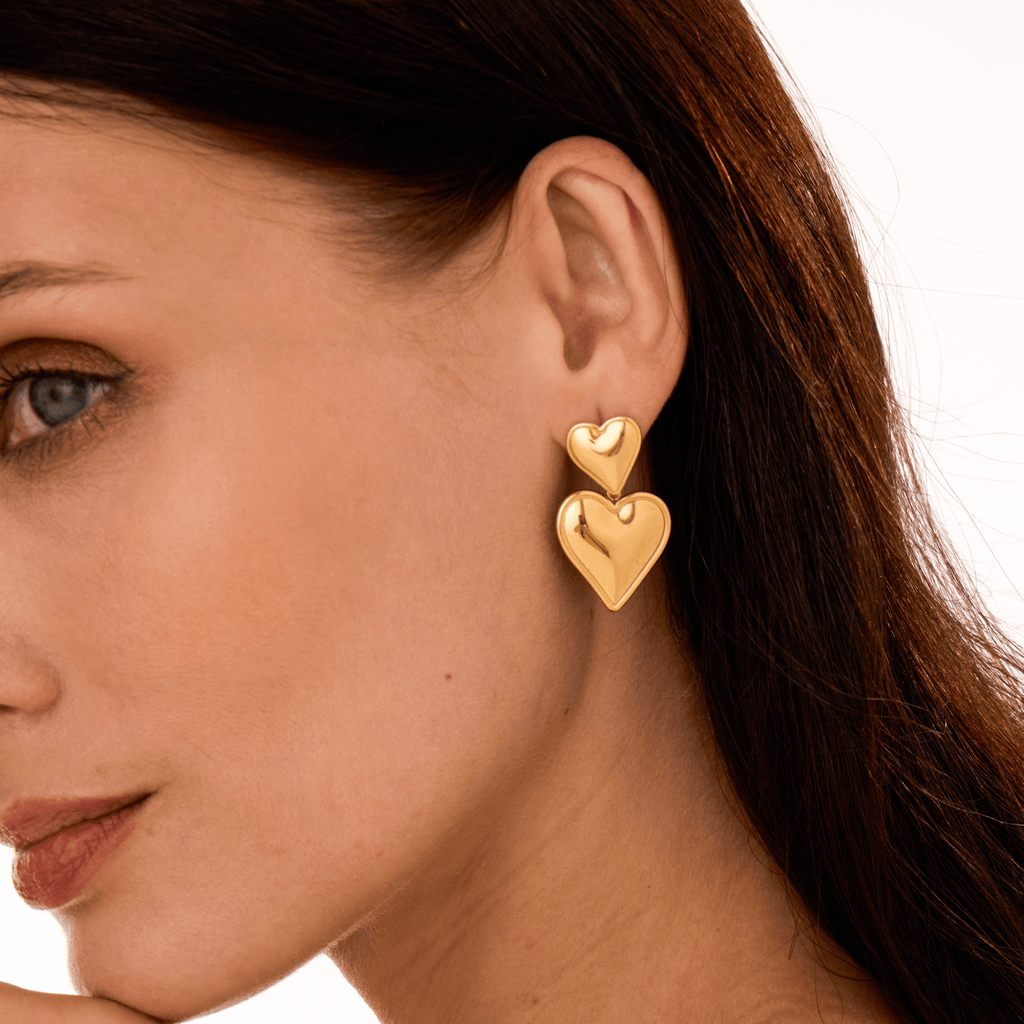 Duo Heart Elegance Drop Earrings - Ornaments Co - 18K Gold Plated