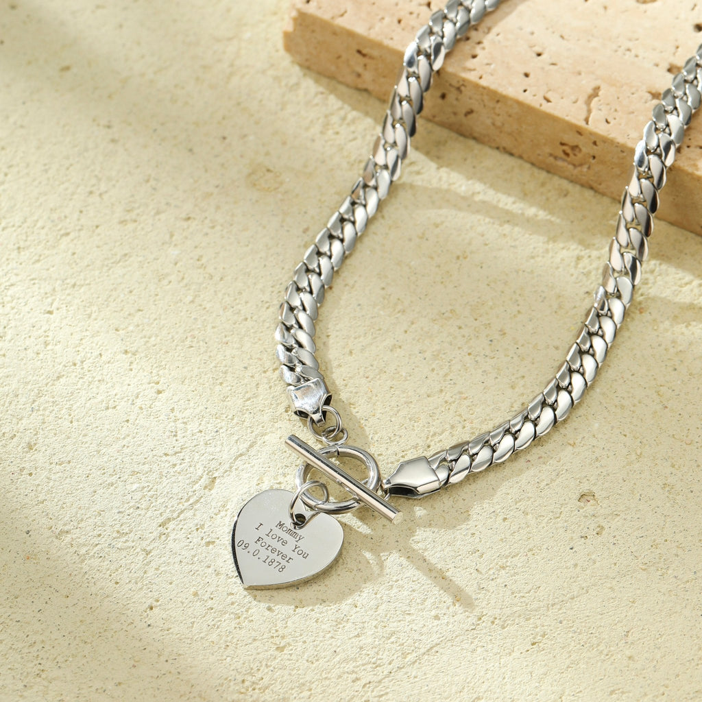 Snake Bone Chain Engraving Heart Necklace - Ornaments Co - 18K Gold Plated